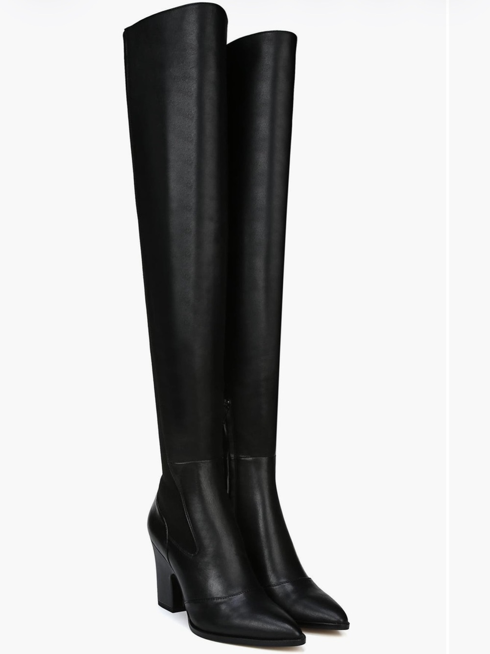 Sam Edelman Natasha Black Leather Over-The-Knee Pointed Toe Stacked Heel Boots: